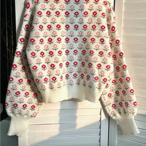 Floral Patterned Sweater - Cream and Red